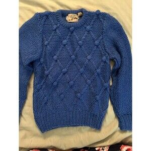 Vintage 80s Hand Knit by Panda Sweater Blue Medium Chunky Knit Bobble Pullover